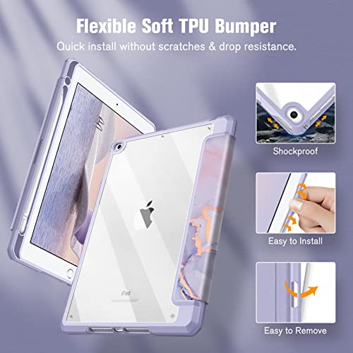 Fintie Hybrid Slim Case for iPad 6th / 5th Generation (2018/2017), iPad Air 2 / Air 1 (9.7 Inch) - [Built-in Pencil Holder] Shockproof Cover with Clear Transparent Back Shell, Lilac Marble - Image 4