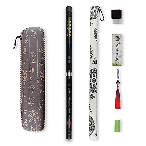 PHYSKOW C Key Dizi Black Bitter Bamboo Flute Chen Qing Flute with Free Membrane & Glue & Protector Set Traditional Chinese Instrument (Key of C/Bitter Bamboo Black +Red) - Image 1