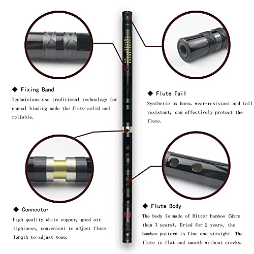 PHYSKOW C Key Dizi Black Bitter Bamboo Flute Chen Qing Flute with Free Membrane & Glue & Protector Set Traditional Chinese Instrument (Key of C/Bitter Bamboo Black +Red) - Image 2