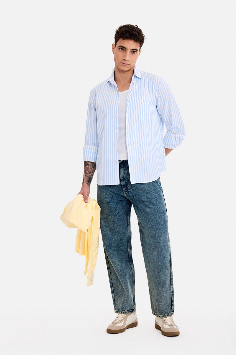 SNITCH Light Blue Striped Long Sleeve Regular Fit Shirt