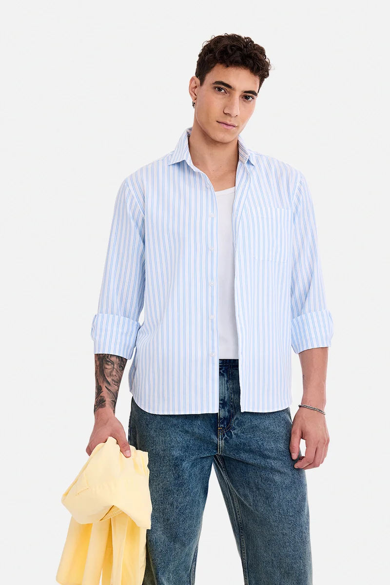 SNITCH Light Blue Striped Long Sleeve Regular Fit Shirt