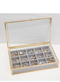 Golden Golden Vintage Clear Glass Jewelry Box with Gray Velvet Organizer  - Image 1