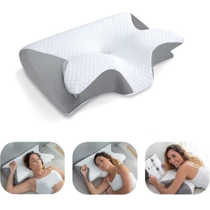 Cervical Neck Pillow: Grey Butterfly-shaped Curve Corrects Cervical Curvature - Three-zone Design Dynamically Fits Neck And Shoulders Memory Foam Pillow for Home Hotel Use - Image 2
