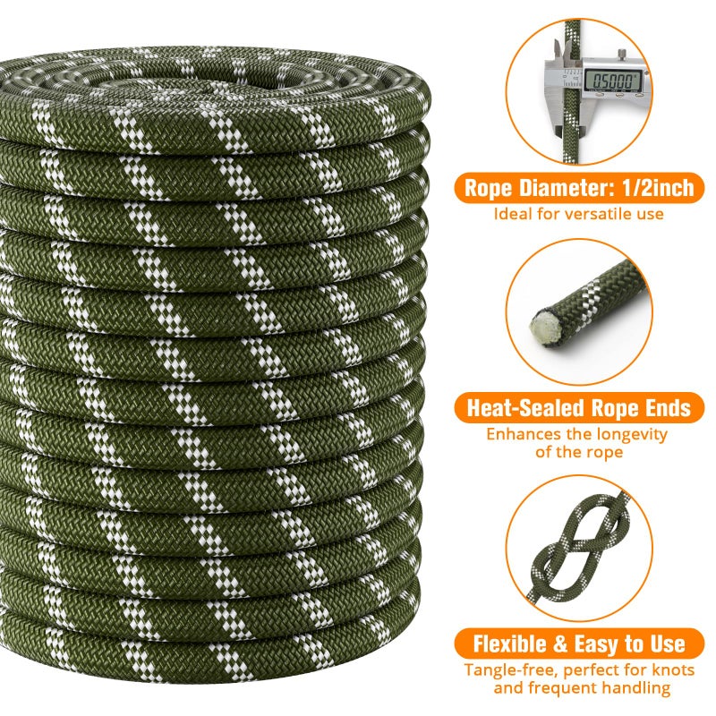 HOKINETY Double Braided Arborist Rigging Rope - 1/2 in X 150 ft 48 Strands Rappelling Outdoor Pulling Heavy Duty Polyester Bull Rope for Swing Tree Work Camping Rescue Hiking- Army Green - Image 5