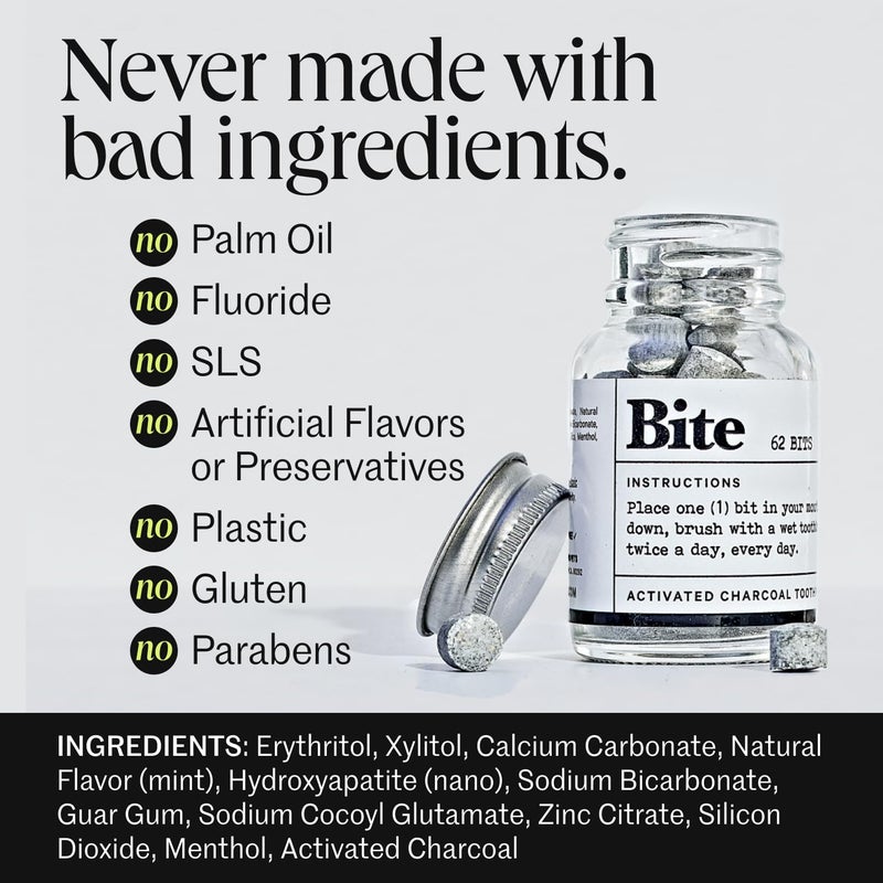 Bite Whitening Toothpaste Tablets â€“ 2 Months â€“ Fluoride Free, Nano Hydroxyapatite + Xylitol, Mint Charcoal â€“ Vegan, Cruelty-Free, Made in USA, Sensitive Teeth, Travel Size, (2 Bottles, 124 Tabs) - Image 2