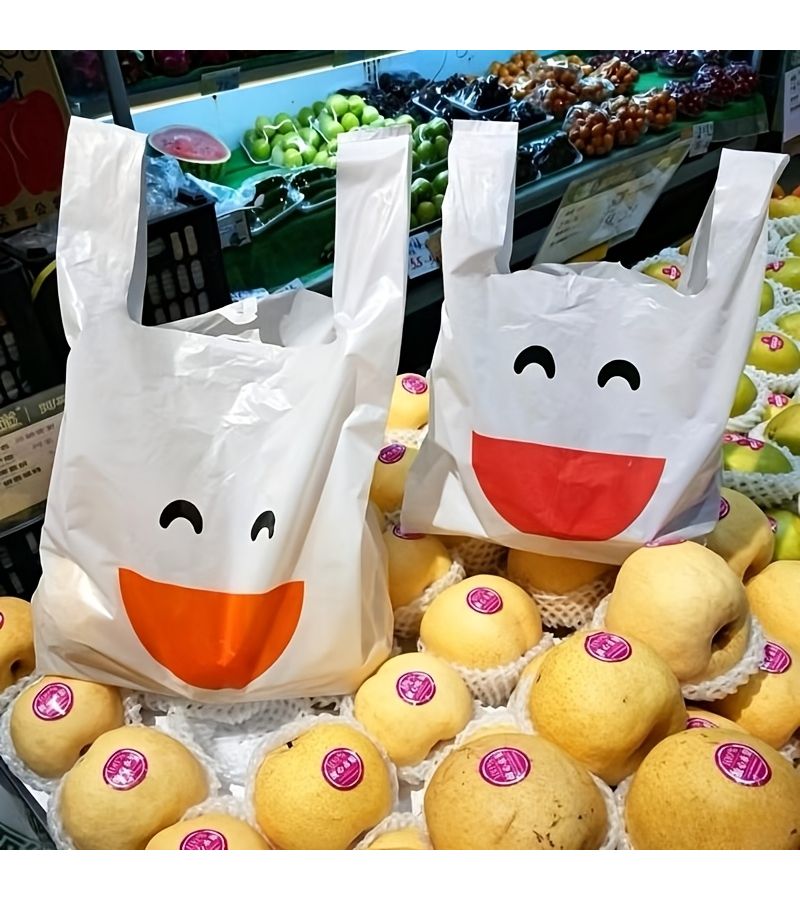 20 White Joyful Pattern Plastic Vest Bags Cartoon Shopping Tote 9.45x14.96 Inch Durable Multipurpose Retail Mall Commodity Carrier - Image 2