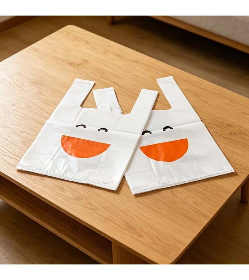20 White Joyful Pattern Plastic Vest Bags Cartoon Shopping Tote 9.45x14.96 Inch Durable Multipurpose Retail Mall Commodity Carrier - Image 5