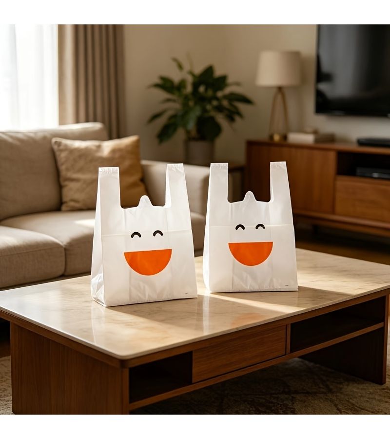 20 White Joyful Pattern Plastic Vest Bags Cartoon Shopping Tote 9.45x14.96 Inch Durable Multipurpose Retail Mall Commodity Carrier - Image 3
