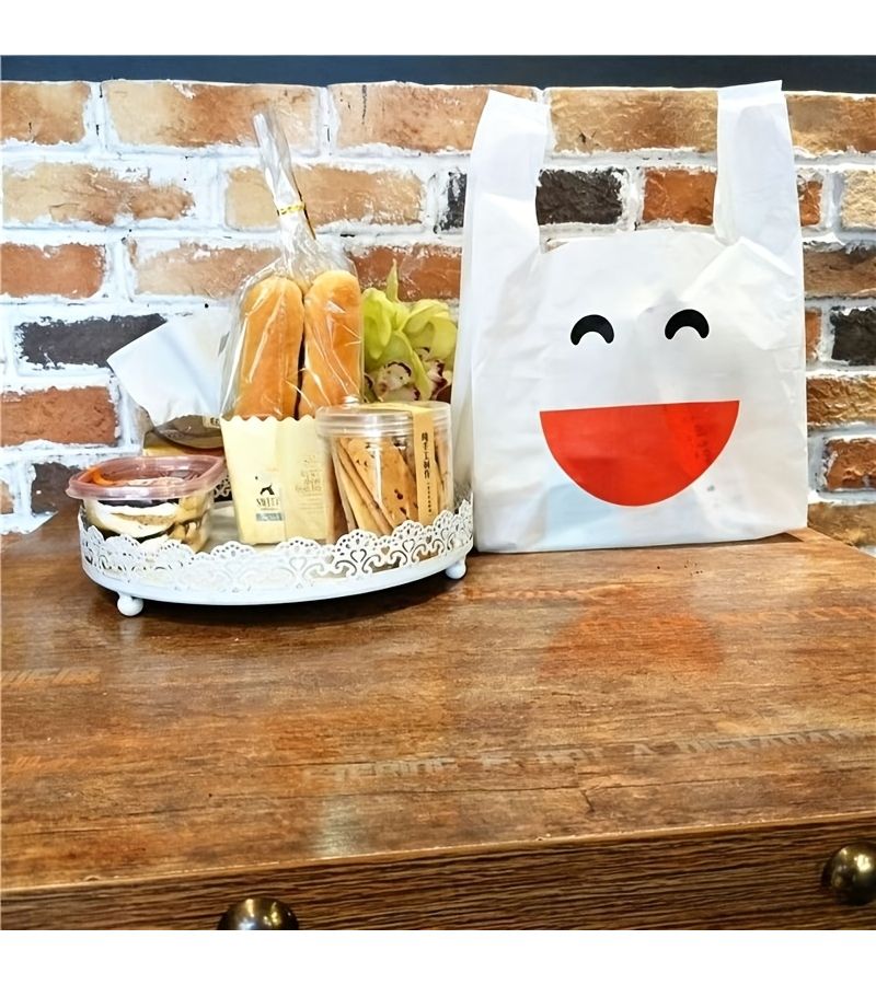 20 White Joyful Pattern Plastic Vest Bags Cartoon Shopping Tote 9.45x14.96 Inch Durable Multipurpose Retail Mall Commodity Carrier - Image 4
