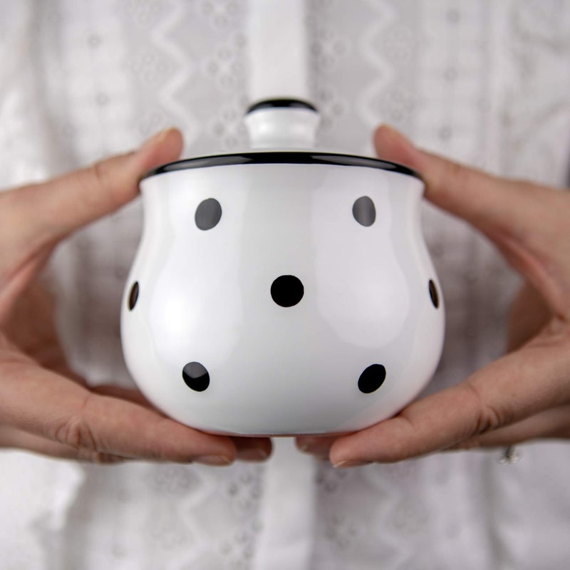City to Cottage City to Cottage Ceramic Sugar Bowl with Lid 10oz Sugar Contanier for Coffee Bar Sugar Dispenser Bowl Salt  Condiment Pot for Kitchen Counter Handcrafted White and Black Polka Dot Sugar Jar 