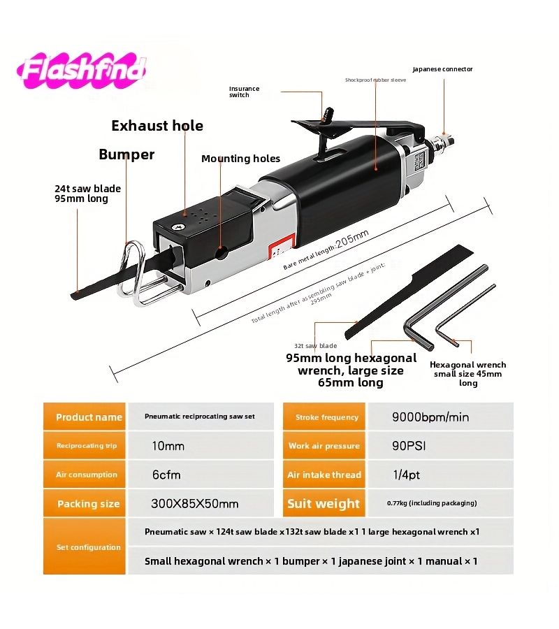 7 Pieces Alloy Pneumatic Reciprocating Saw With Europa Version Portable Air Cutting Saw No Need Electricity Compatible With Air Compressor Professional Grade Cutting Ability Sturdy Durable For Golden Flex Sheet Material - Image 3