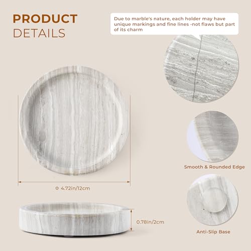 WORHE Candle Holders Italy Premium Natural Marble Candlestick Holder for Jar Pillar Candles Large Round Coaster Plate Jewelry Tray Centerpiece for Wedding Dining Table Home Decor Light Grey (WH074) - Image 4