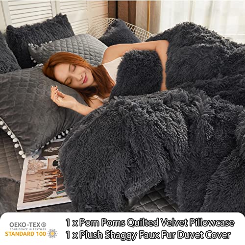 LIFEREVO Luxury Plush Shaggy Duvet Cover Set, Soft Velvet Fluffy Furry Duvet Cover Set(1 Faux Fur Fuzzy Comforter Cover+1 Pom Poms Pillow Sham)Solid Bedding Set, Zipper Closure(Twin/Twin XL,Dark Gray) - Image 3