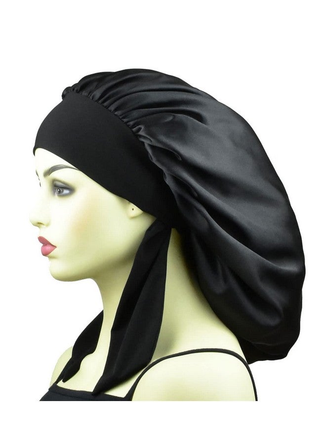 TALE KING Silk Bonnets For Braids Sleep Bonnet For Women Long Hair Bonnet For Sleeping With Tie Satin Bonnet Wide Band Silk Night Caps Black - Image 2