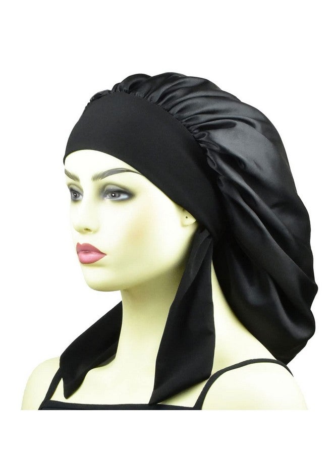 TALE KING Silk Bonnets For Braids Sleep Bonnet For Women Long Hair Bonnet For Sleeping With Tie Satin Bonnet Wide Band Silk Night Caps Black - Image 1