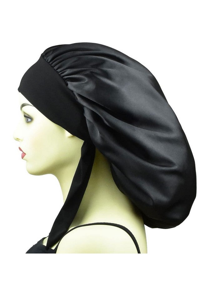 TALE KING Silk Bonnets For Braids Sleep Bonnet For Women Long Hair Bonnet For Sleeping With Tie Satin Bonnet Wide Band Silk Night Caps Black - Image 3
