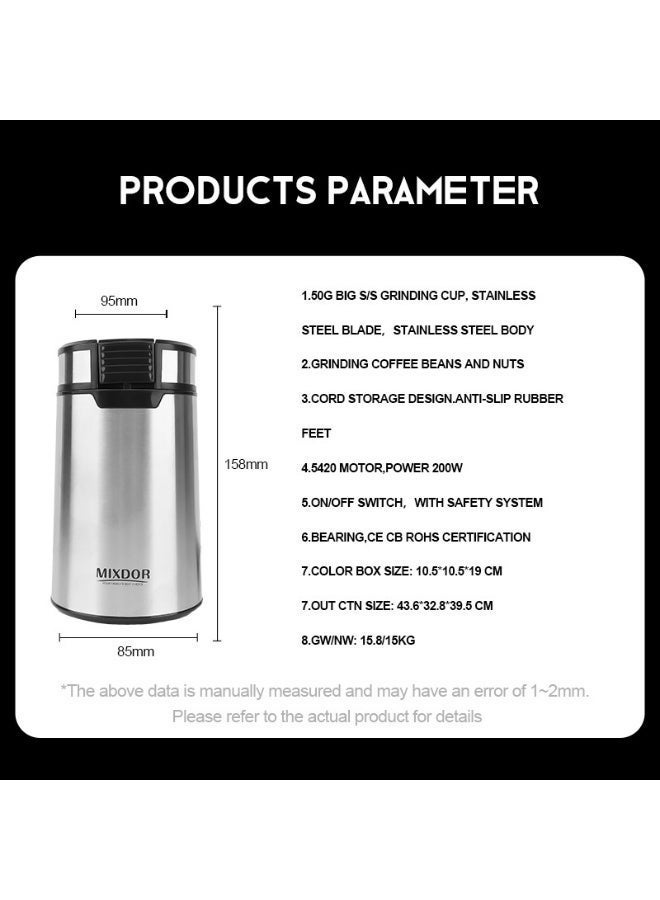 Electric Coffee Grinder, Stainless Steel Portable Dry Mill for Beans & Grains, 200W - Image 1