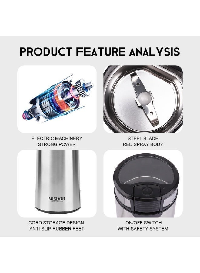 Electric Coffee Grinder, Stainless Steel Portable Dry Mill for Beans & Grains, 200W - Image 2