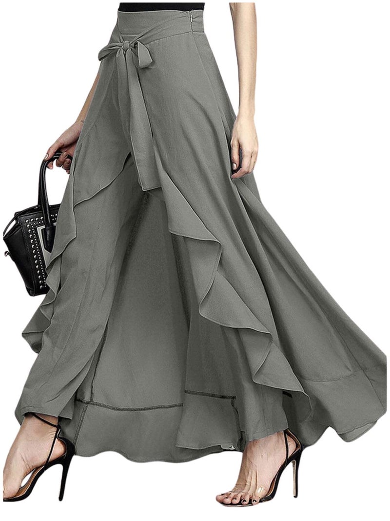 utcoco Women's 2025 Trendy Casual Chiffon Elastic High Waist Pants Culottes Tie Front Ruffle Boho Flowy Maxi Skirts (Large, Grey) - Image 1