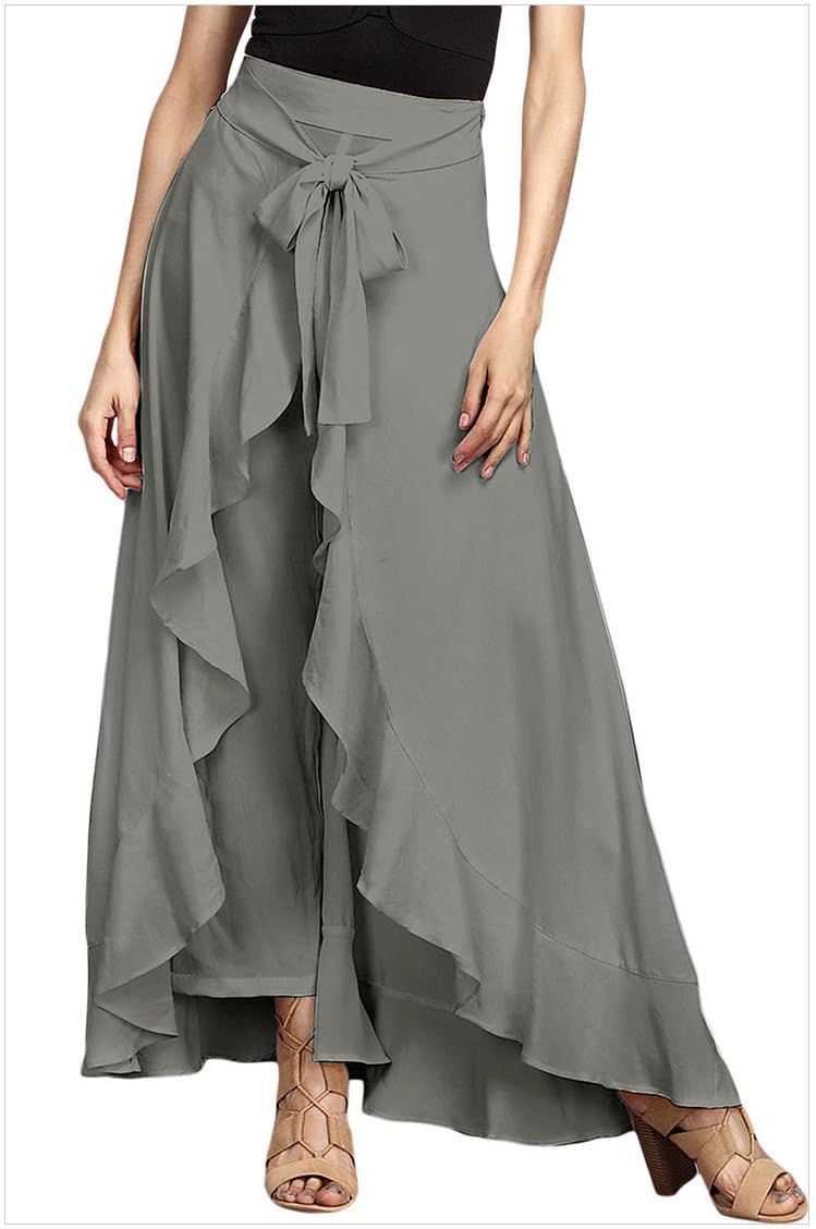 utcoco Women's 2025 Trendy Casual Chiffon Elastic High Waist Pants Culottes Tie Front Ruffle Boho Flowy Maxi Skirts (Large, Grey) - Image 2