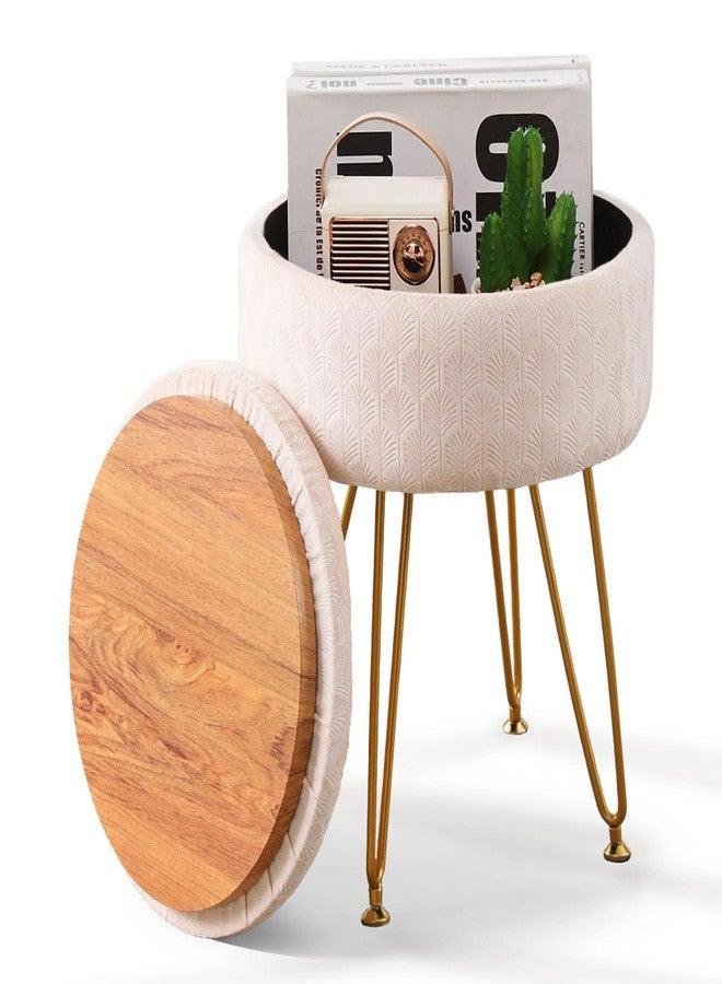 Cpintltr Footrest Footstools Round Velvet Ottoman with Storage Space Soft Vanity Chair with Memory Foam Seat Small Side Table Hallway Step Stool 4 Gold Metal Legs with Adjustable Footings Champagne - Image 1