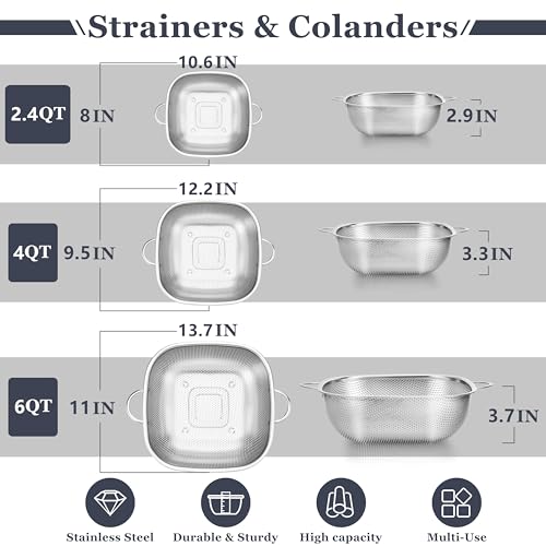 E-far Efar 3 Pack Colander for Kitchen Square Stainless Steel Metal Strainer Colander with Handle for Draining Food Pasta Vegetable MicroPerforated Elevated Feet Dishwasher Safe2446QT - Image 3