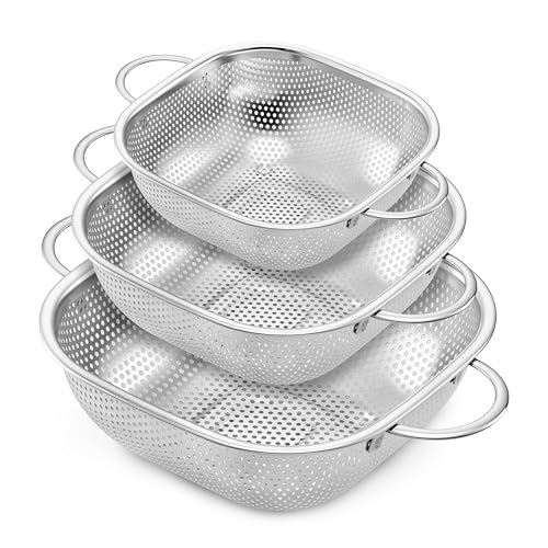 E-far Efar 3 Pack Colander for Kitchen Square Stainless Steel Metal Strainer Colander with Handle for Draining Food Pasta Vegetable MicroPerforated Elevated Feet Dishwasher Safe2446QT - Image 1