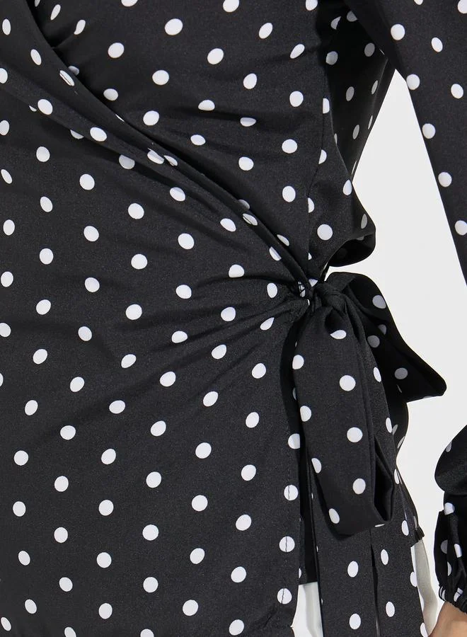 Styli Polka Dot Print Wrap Top with Tie Waist Detail