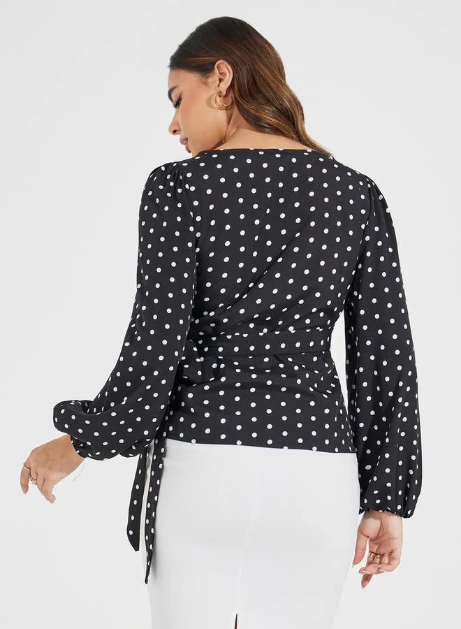 Styli Polka Dot Print Wrap Top with Tie Waist Detail