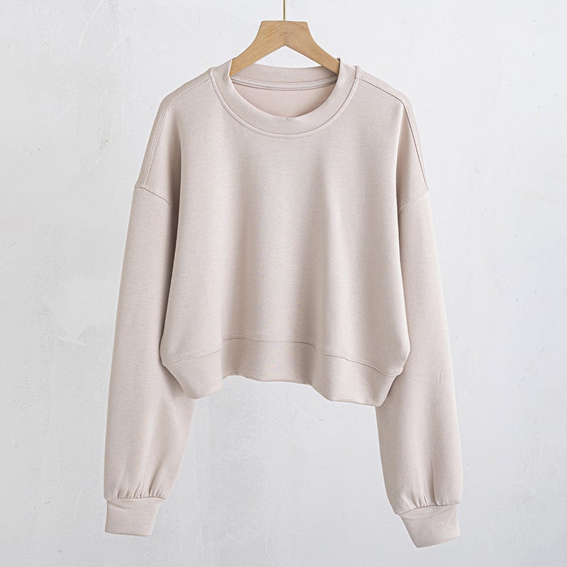 Generic New Classic Round Neck Casual Sports Sweatshirt High Elasticity Loose Fit Versatile Yoga Fitness Long Sleeve Top For Women Off-white gray 