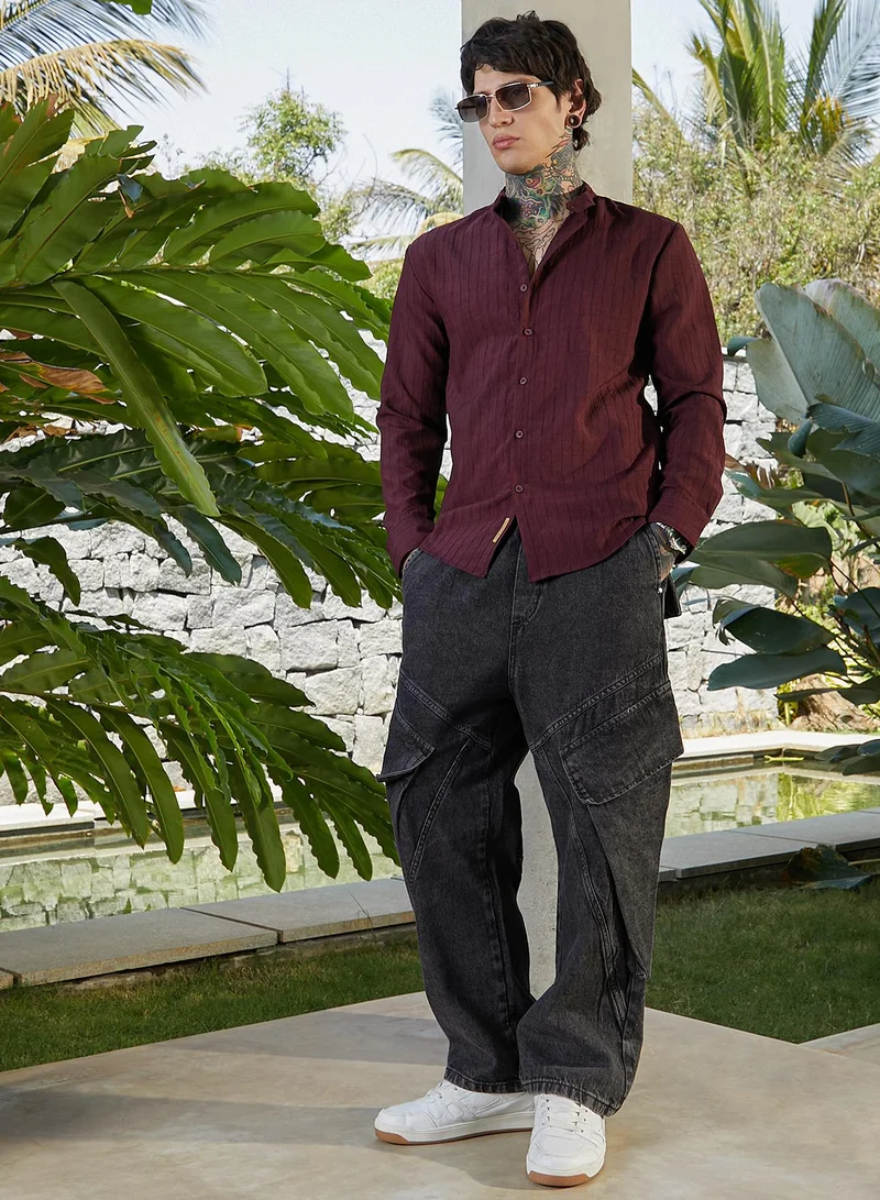 Campus Sutra Men's Burgundy Red Pinstriped-Tactile Shirt