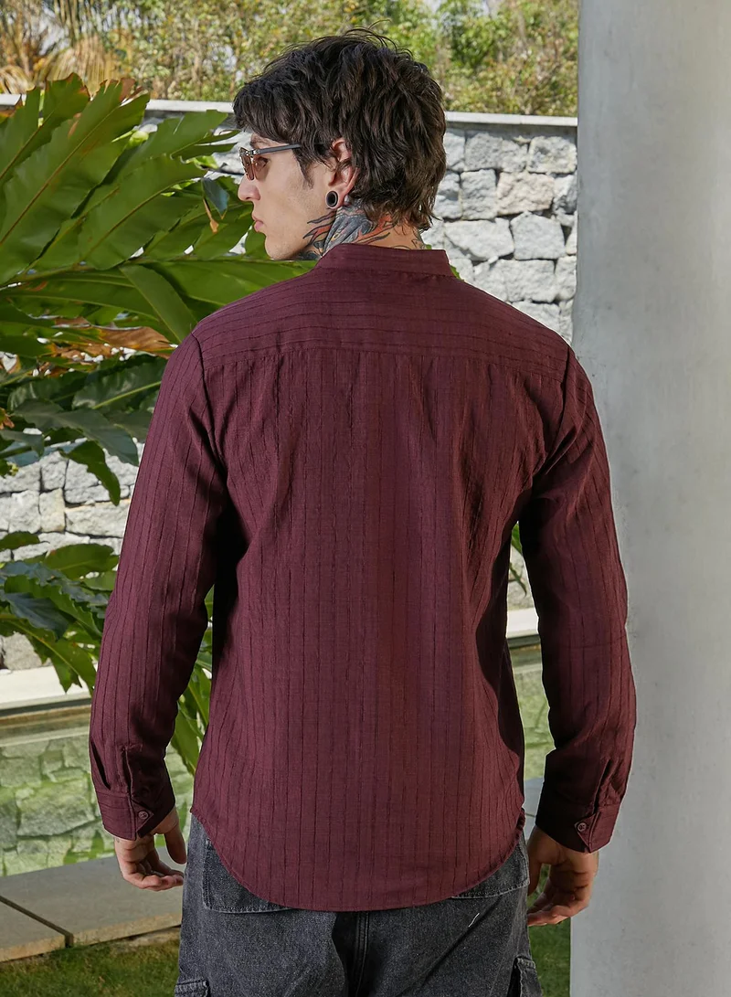 Campus Sutra Men's Burgundy Red Pinstriped-Tactile Shirt