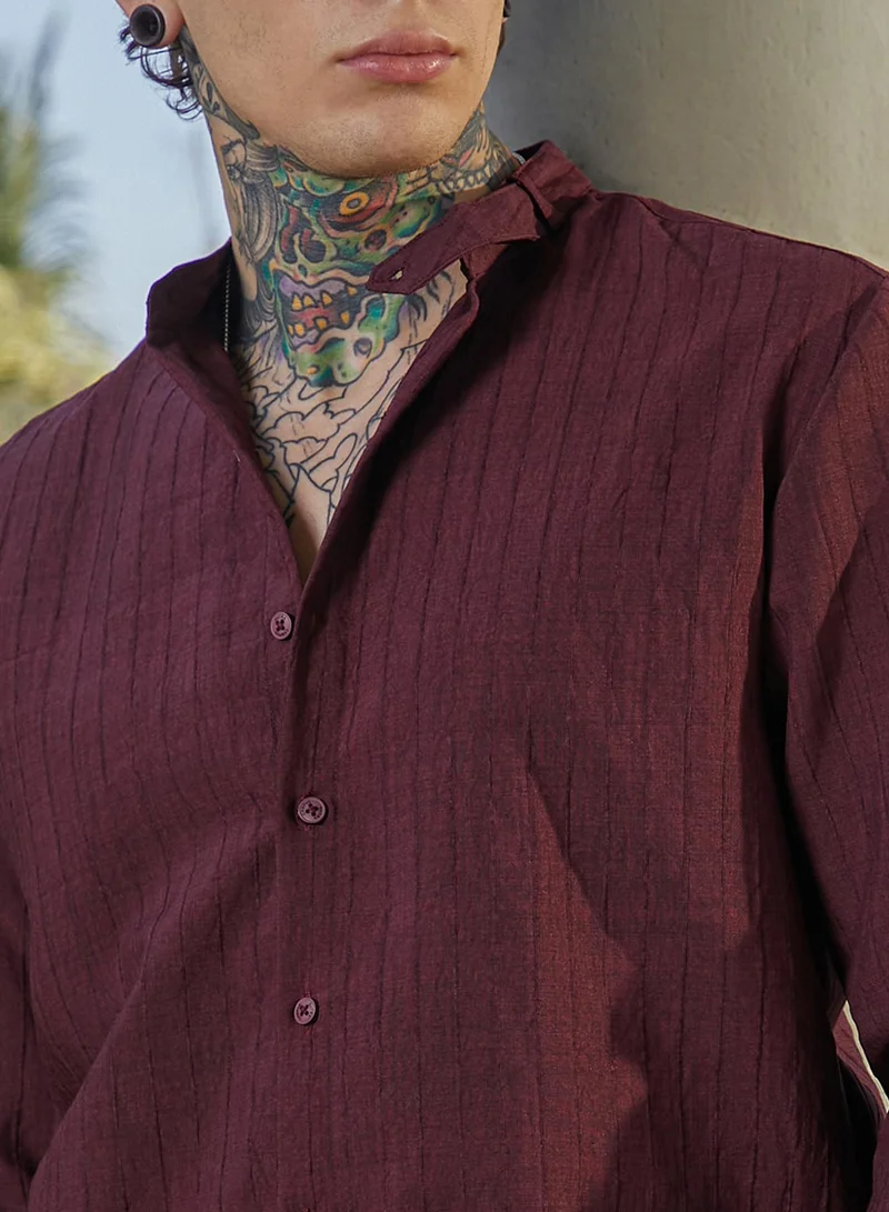 Campus Sutra Men's Burgundy Red Pinstriped-Tactile Shirt