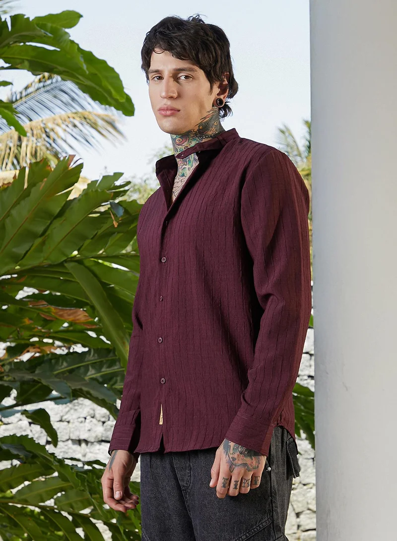 Campus Sutra Men's Burgundy Red Pinstriped-Tactile Shirt