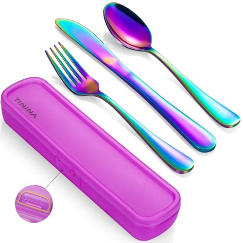 TININA Travel Utensils with Case 4Piece Stainless Steel Portable Cutlery Set Reinforced Case with Buckle Design Lunch Box for Camping Work School Include Fork Spoon Knife Dishwasher Safe Rainbow - Image 1