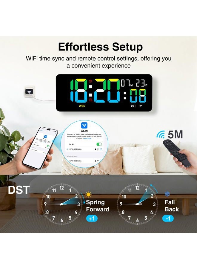 XREXS 12.2 Inch Digital Wall Clock WiFi Sync with Remote Control, Large LED Screen with Time/Calendar/Seconds Display, Count Up & Down Timer, 2 Alarm Clock for Home, Office and Classroom - Image 3