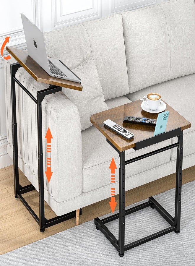 Tv Tray Table, 8-Level Adjustable Height Couch Side Table,90° Tilt Angle Adjustments C-Shaped End Table, with Anti-Slip Magnetic Strip and Card Slot Sofa Computer Desk, For Living Room, Bedroom(Brown)