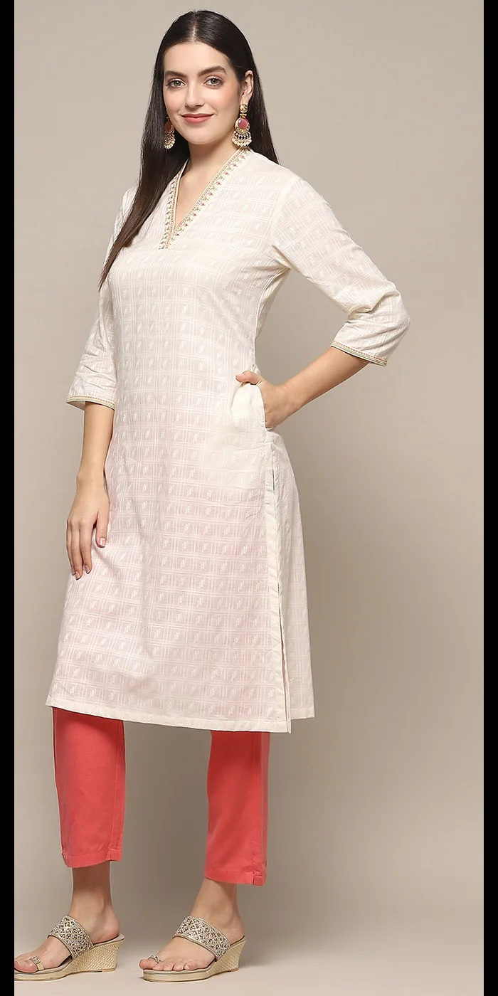 Biba Off White Cotton Straight Kurta