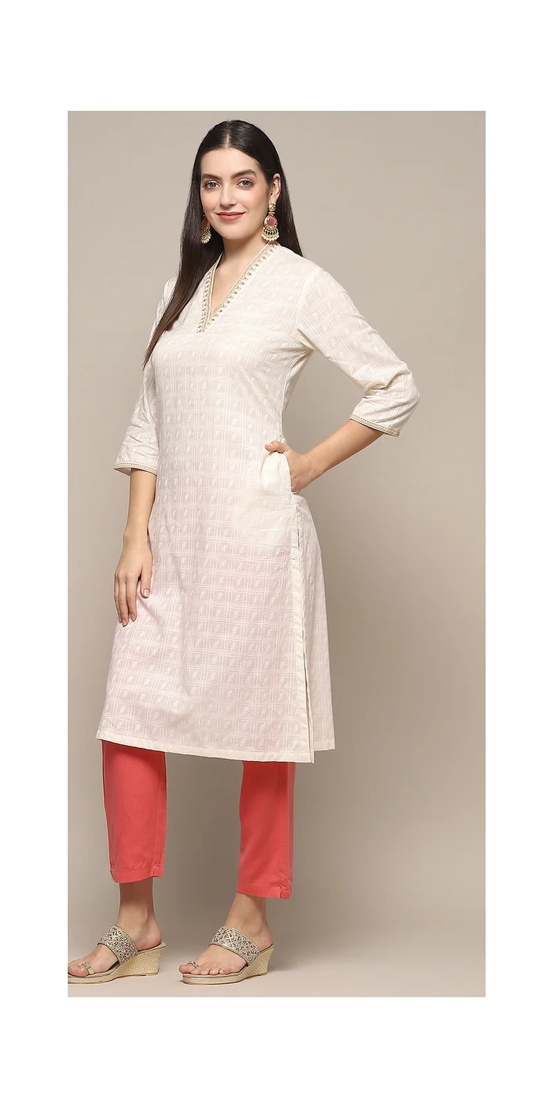 Biba Off White Cotton Straight Kurta