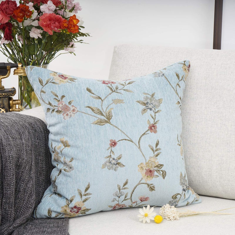 YOUR SMILE Embroidery Jacquard Teal Floral Leaf Pattern Square Decorative Throw Pillow Case Cushion Cover,18x18 inch - Image 2