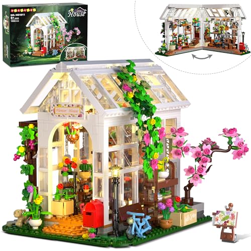 HOGOKIDS Flower House Building Set with LED Light 1332 PCS Garden House Buiding Toy with Flowers Potted Plants Parrot Cat Animals Playset Greenhouse Model Easter Gift for Adults Teens Girls 8 - Image 1