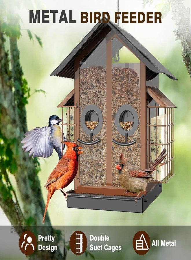 FlowaFoli Bird Feeders for Outdoors, Metal Bird Feeder with Double Suet Cage Weatherproof Metal Roof, 2 in 1 Mixed Seeds Suet Feeder, 4Lbs Large Capacity, Great for Finch、Cardinal、Chickadee（Brown） - Image 4