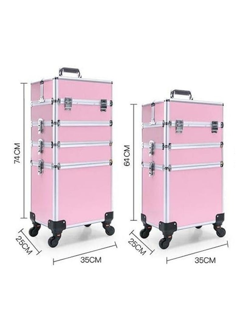Makeup Trolley Case, Large 3-in-1 Makeup Jewelry Box Travel Suitcase Cart with 4 360° Wheels, 3 Layer Professional Aluminum Cosmetics Organizer with Drawers for Travel Makeup Beauty Nail Art (3 Layer Pink) - Image 2