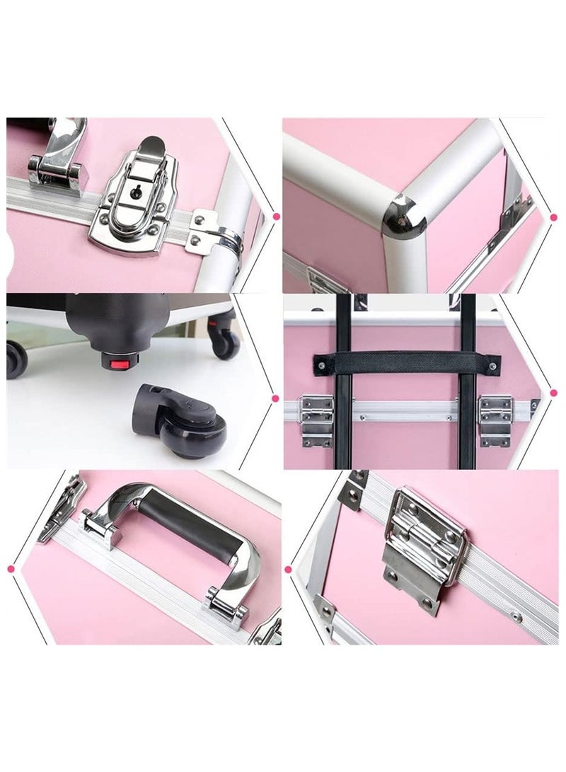 Makeup Trolley Case, Large 3-in-1 Makeup Jewelry Box Travel Suitcase Cart with 4 360° Wheels, 3 Layer Professional Aluminum Cosmetics Organizer with Drawers for Travel Makeup Beauty Nail Art (3 Layer Pink) - Image 3