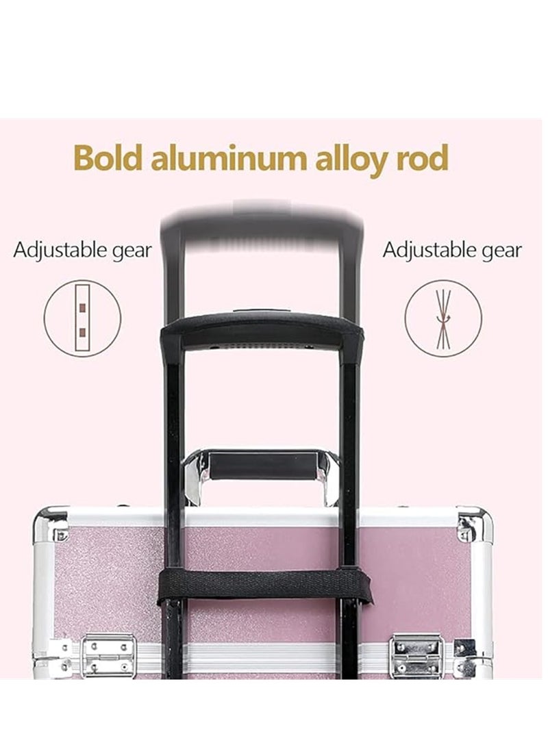 Makeup Trolley Case, Large 3-in-1 Makeup Jewelry Box Travel Suitcase Cart with 4 360° Wheels, 3 Layer Professional Aluminum Cosmetics Organizer with Drawers for Travel Makeup Beauty Nail Art (3 Layer Pink) - Image 4