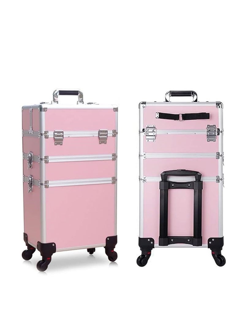 Makeup Trolley Case, Large 3-in-1 Makeup Jewelry Box Travel Suitcase Cart with 4 360° Wheels, 3 Layer Professional Aluminum Cosmetics Organizer with Drawers for Travel Makeup Beauty Nail Art (3 Layer Pink) - Image 1