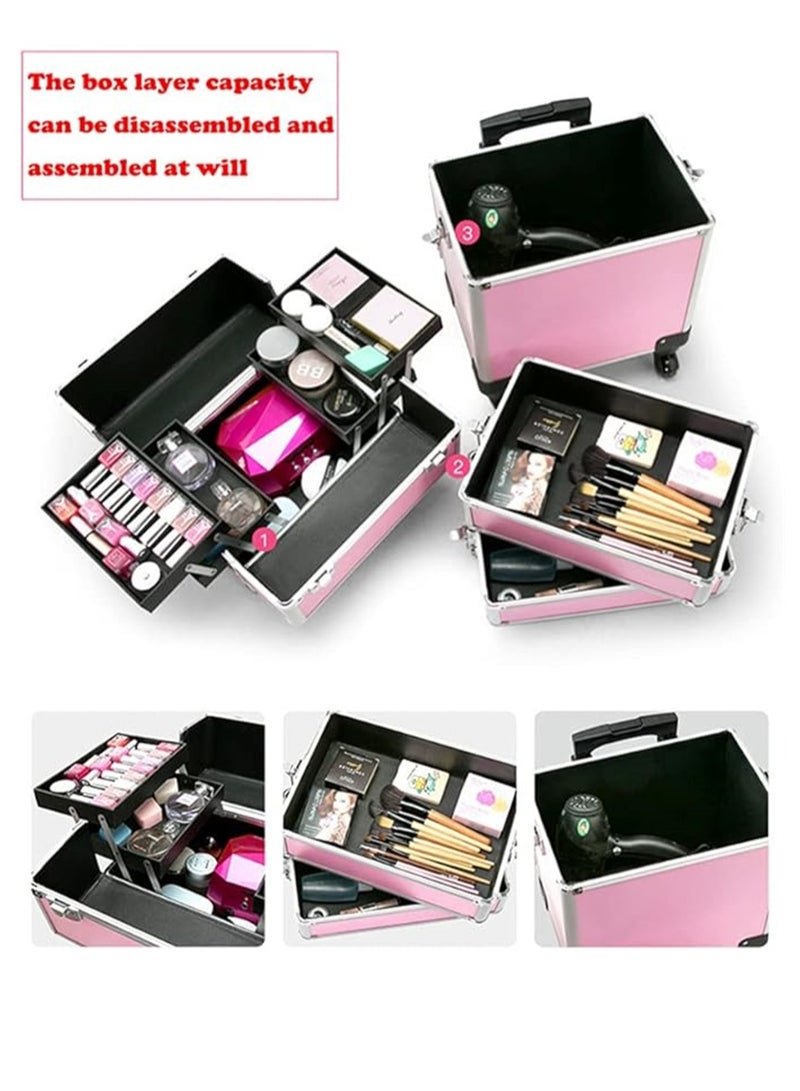 Makeup Trolley Case, Large 3-in-1 Makeup Jewelry Box Travel Suitcase Cart with 4 360° Wheels, 3 Layer Professional Aluminum Cosmetics Organizer with Drawers for Travel Makeup Beauty Nail Art (3 Layer Pink) - Image 5