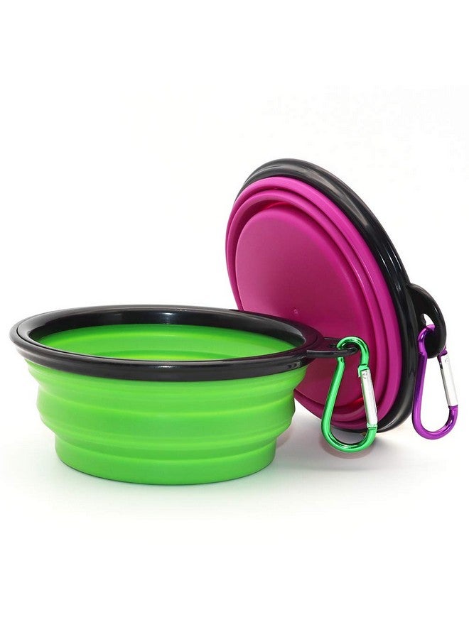 Collapsible Dog Bowl, 2 Pack Collapsible Dog Water Bowls for Cats Dogs, Portable Pet Feeding Watering Dish for Walking Parking Traveling with 2 Carabiners (Small, Green+Purple) - Image 1