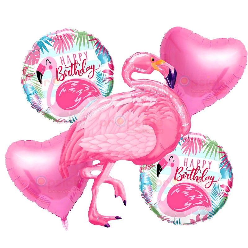 Propsicle Flamingo Theme Foil Balloons Set for Girls Birthday Decoration  Pack of 5 Pink Flamingo Hearts and Happy Birthday Round Balloons Tropical Party Backdrop Kids Princess Theme - Image 1