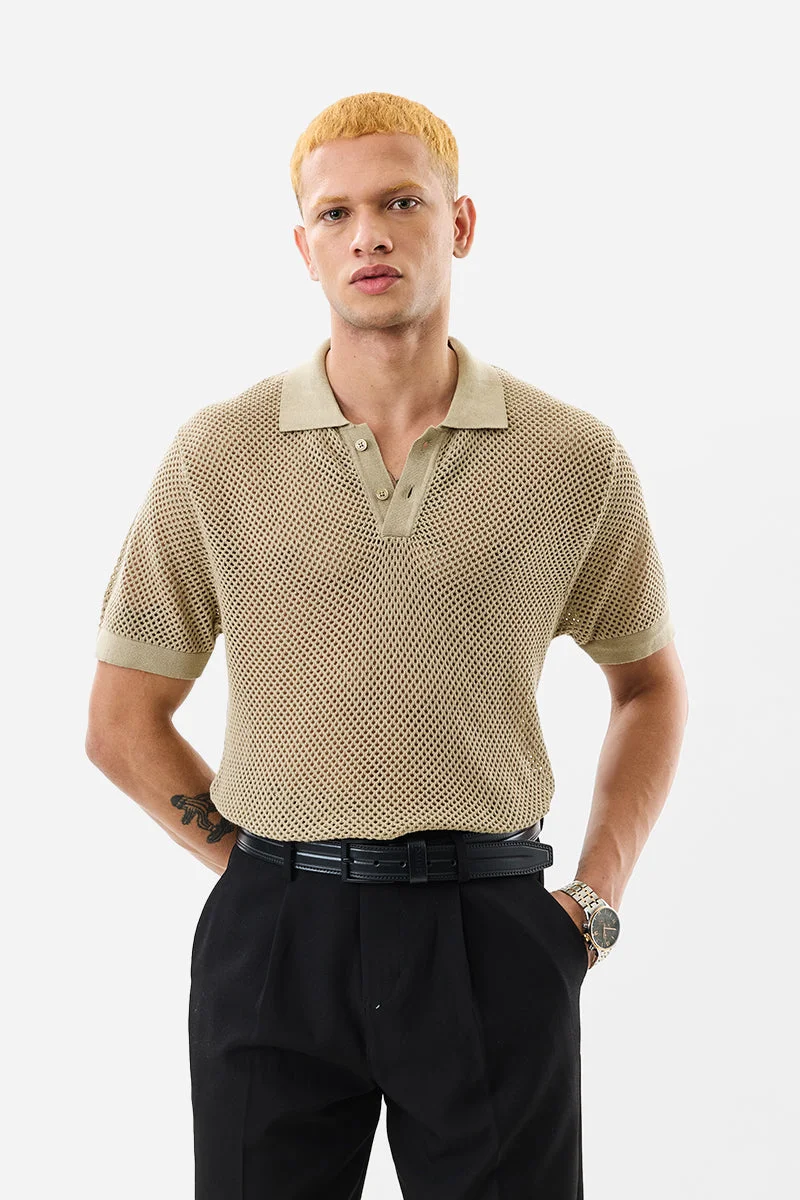 SNITCH Slim Fit Cotton Crochet Beige Polo T-Shirt
